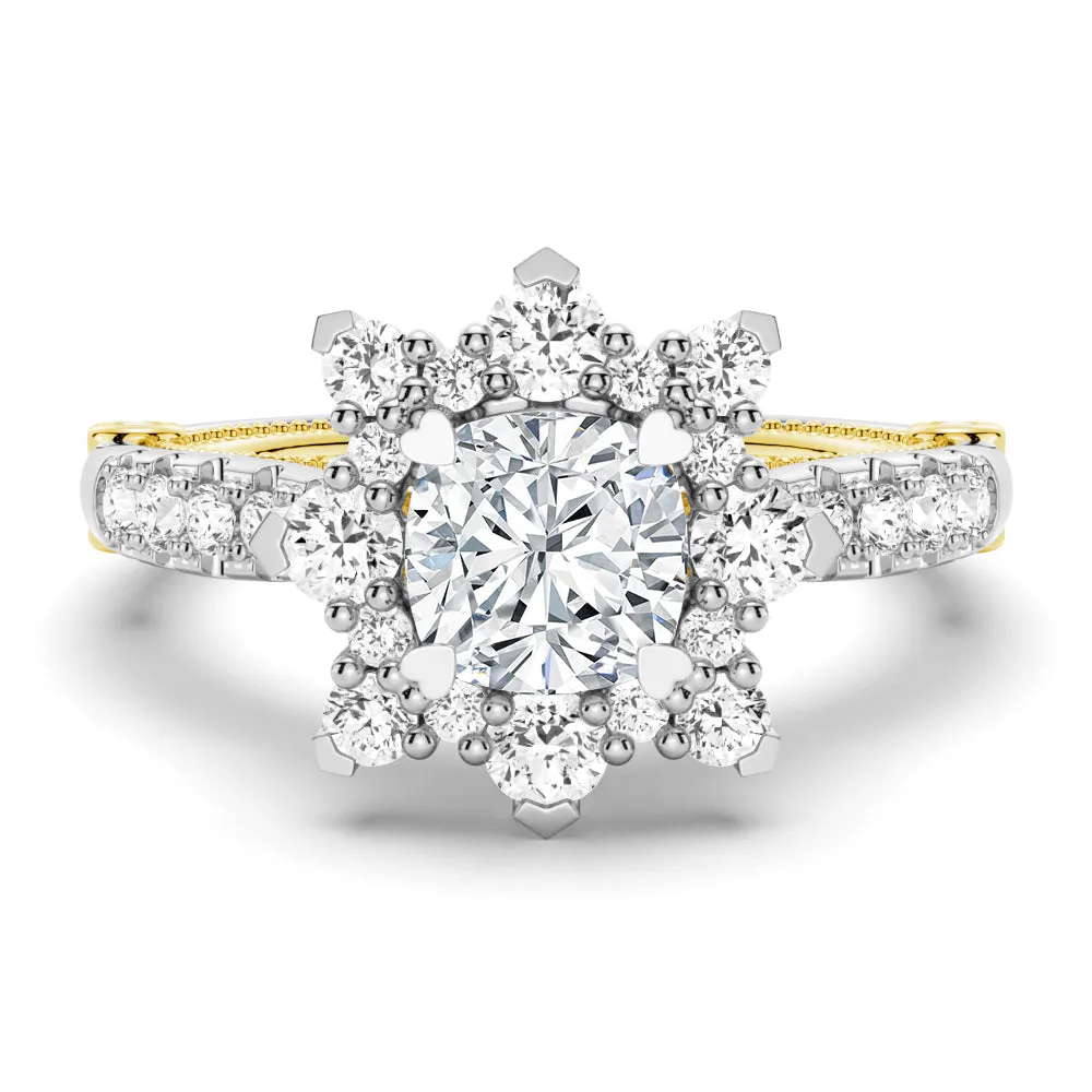 1 CT. Vintage Inspired Two-Tone Cushion Halo Moissanite Engagement Ring