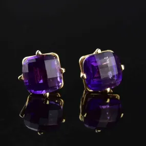 14K Gold Checkerboard Amethyst Stud Earrings