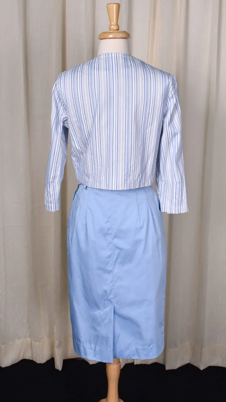 1950s Blue Striped Jacket Skirt Suit Set