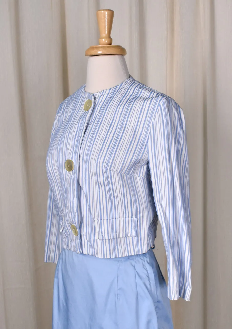 1950s Blue Striped Jacket Skirt Suit Set