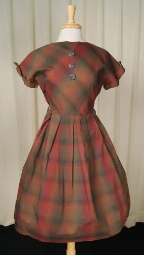 1950s Brown Plaid Swing Dress