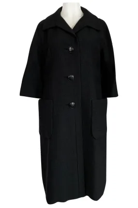 1950s Christian Dior Demi-Couture Simply Cut Black Textured Silk Coat