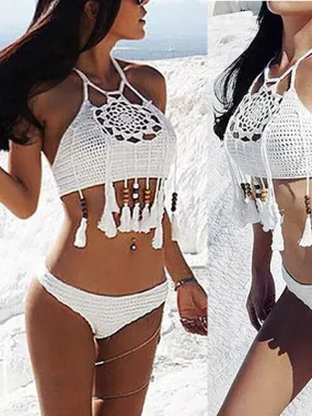 2022 Sexy Bikini Swimwear Crochet Halter Beaded Tassel Top Sexy Hollow Out