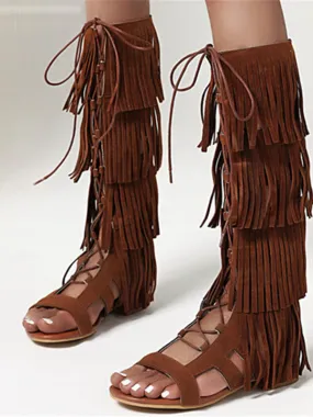 2022 Summer knee high Tassel boots women flock zip cross tied tassel summer boots