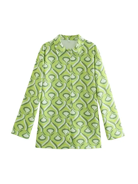 2022 Vintage Green Geometric Women Suit Oversized Long Shirts   Matching Pants