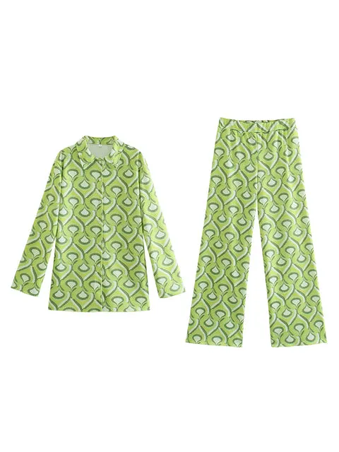 2022 Vintage Green Geometric Women Suit Oversized Long Shirts   Matching Pants