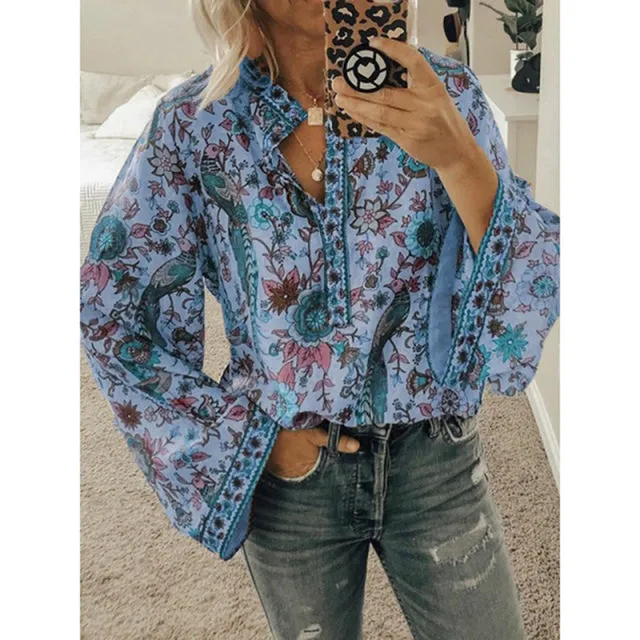 2022 Women Boho Print Blouses Casual Loose Tops Stand V Neck Long Sleeves Button Blouse