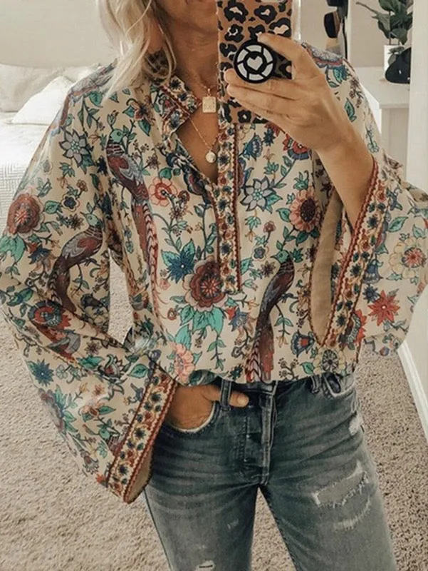 2022 Women Boho Print Blouses Casual Loose Tops Stand V Neck Long Sleeves Button Blouse