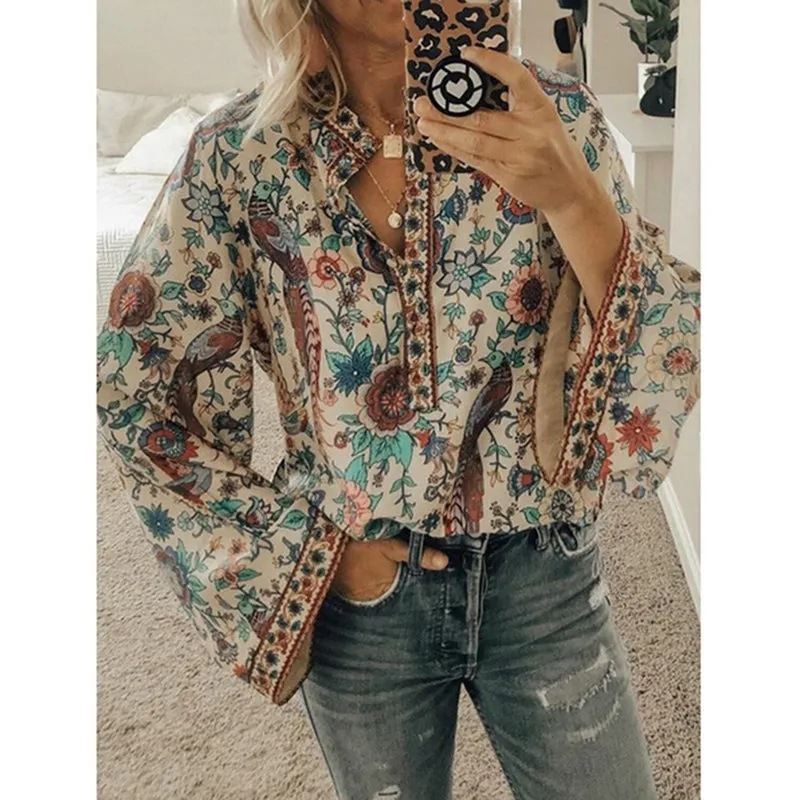 2022 Women Boho Print Blouses Casual Loose Tops Stand V Neck Long Sleeves Button Blouse