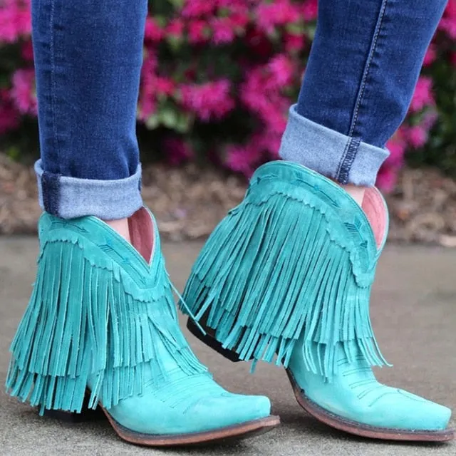 2023 Autumn Tassel Ankle Cowgirl Boots Square Heels Pointed Toe