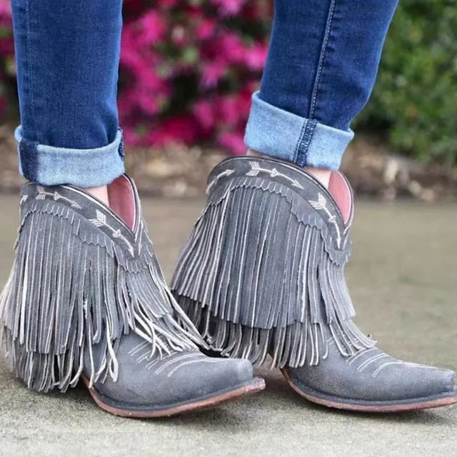 2023 Autumn Tassel Ankle Cowgirl Boots Square Heels Pointed Toe