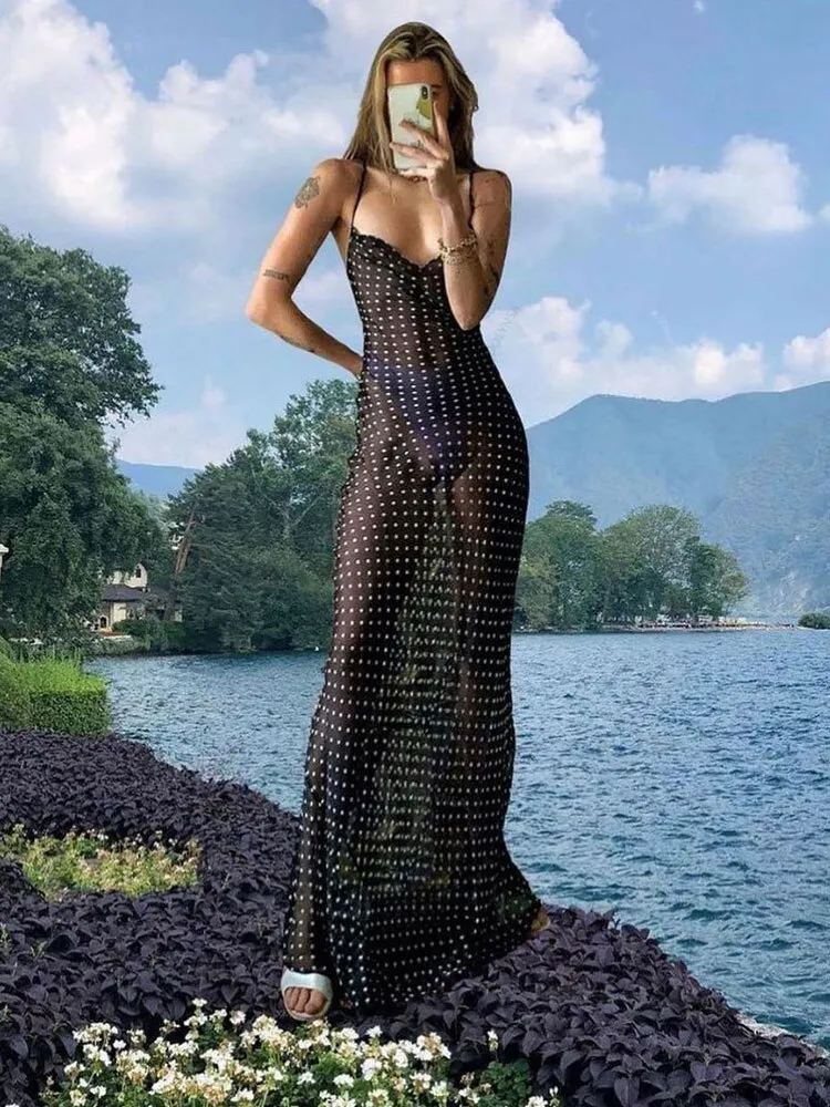 2023 Black Polka Dots Sundress Sexy See Through Spaghetti Strap Maxi Dress