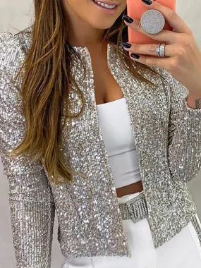 2023 Fashion Sequin Jackets Women Glitter Long Sleeve Short Coats Elegant Spring Outwear Office Ladies Solid  Streetwear