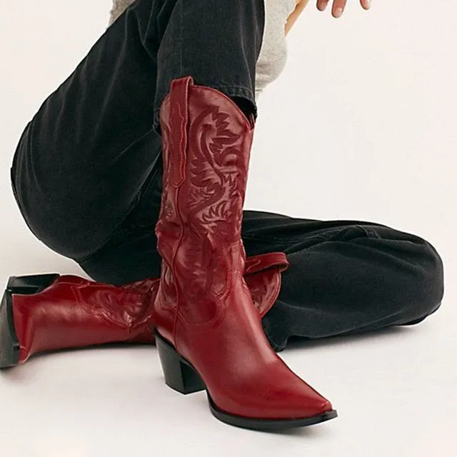 2023 Ladies Knee Boots Western Cowgirl Slip On Mid Heel Platform Boots