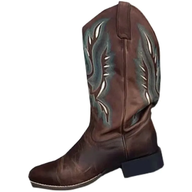 2023 new Cowgirl all-match niche retro square head thick heel Wide Calf Slip-on Boots