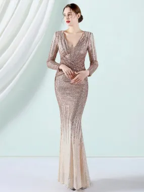 2023 New Elegant Sequin Evening Dress Long Mermaid Deep V Neck Formal Party Dress