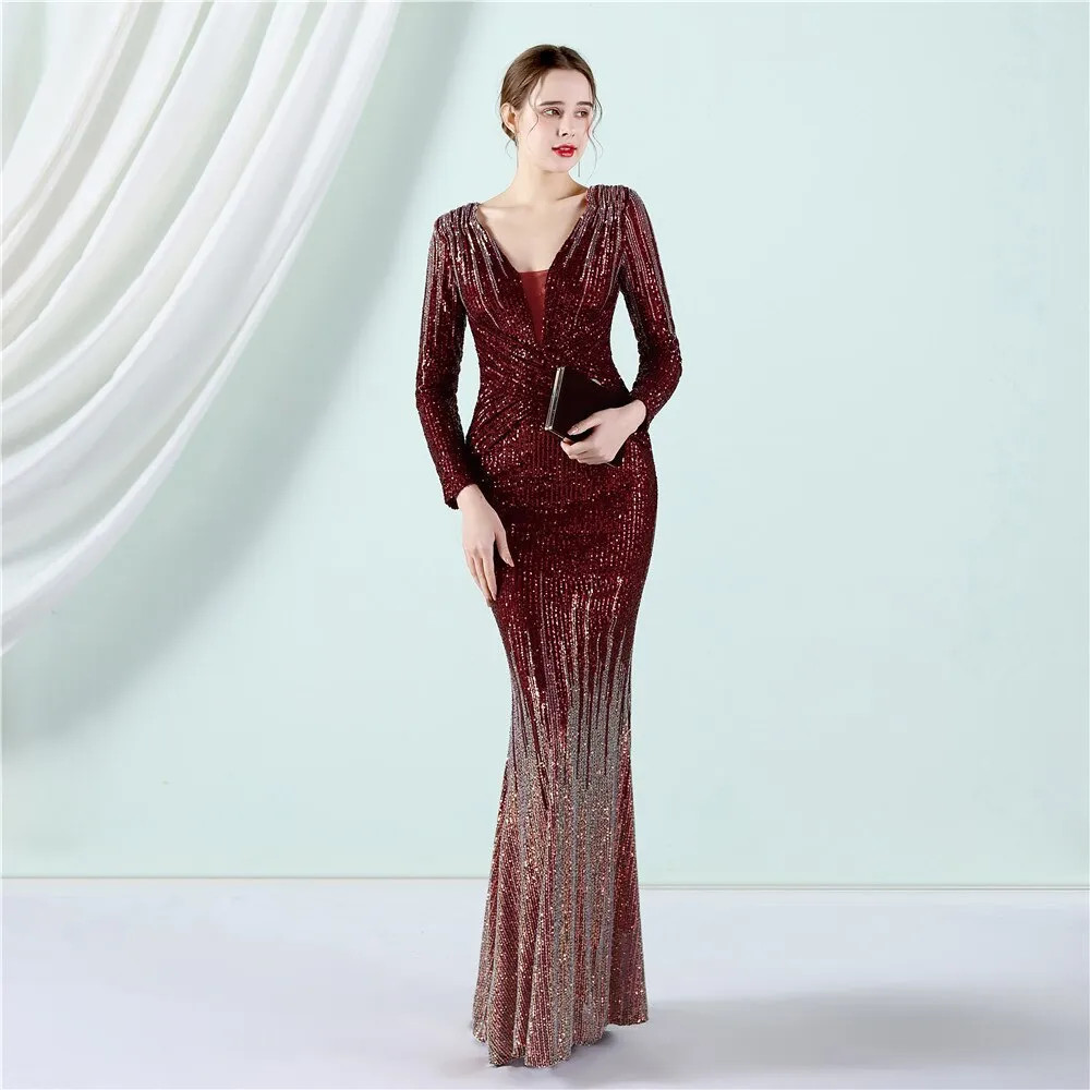 2023 New Elegant Sequin Evening Dress Long Mermaid Deep V Neck Formal Party Dress