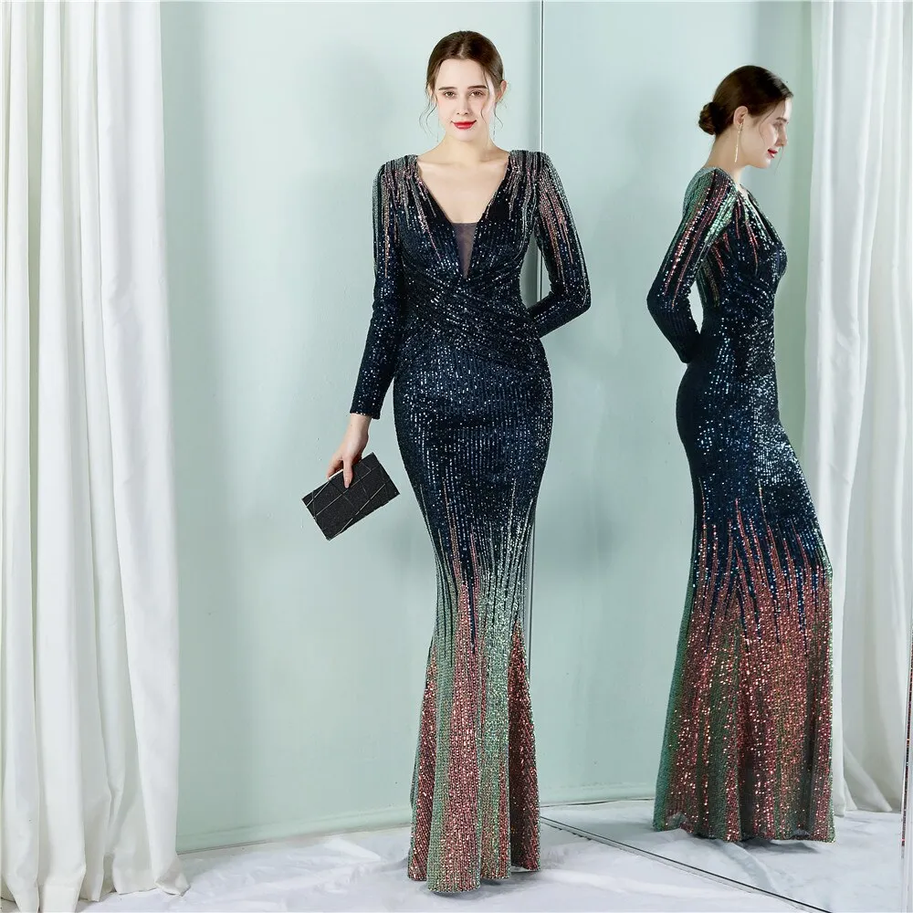 2023 New Elegant Sequin Evening Dress Long Mermaid Deep V Neck Formal Party Dress