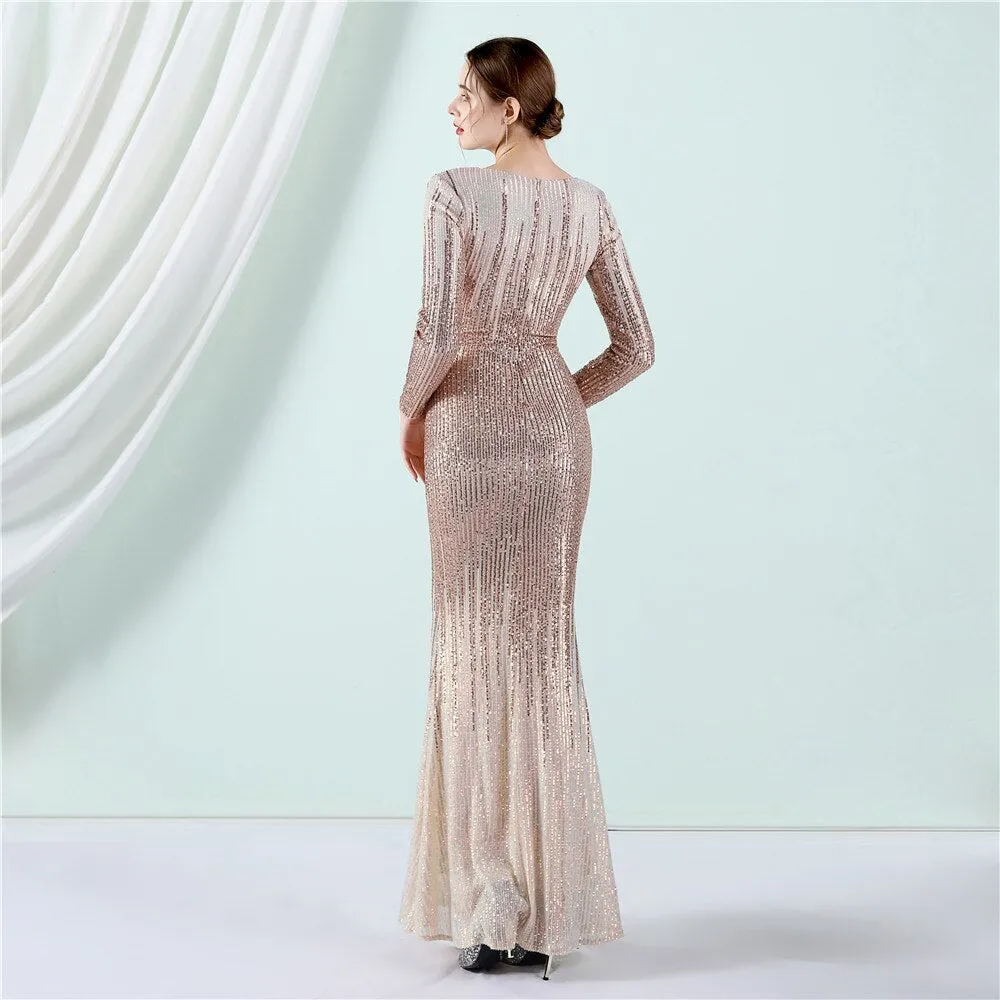 2023 New Elegant Sequin Evening Dress Long Mermaid Deep V Neck Formal Party Dress