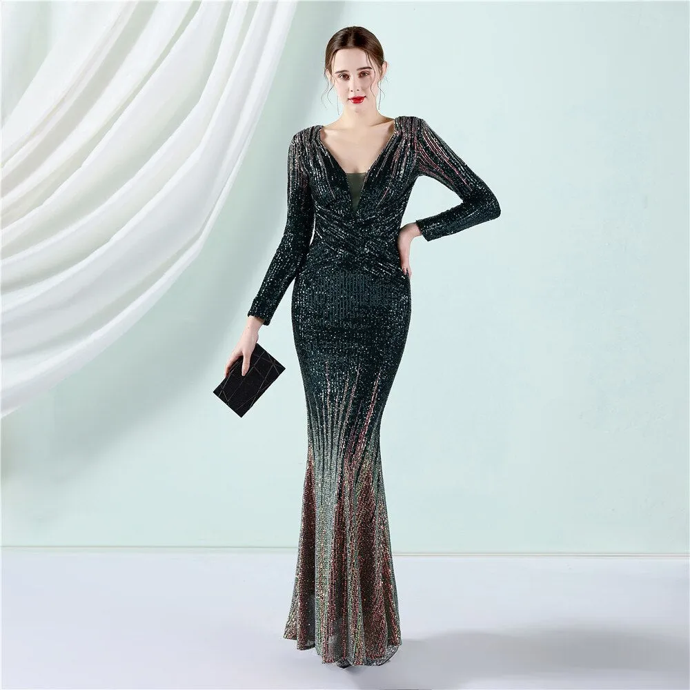 2023 New Elegant Sequin Evening Dress Long Mermaid Deep V Neck Formal Party Dress