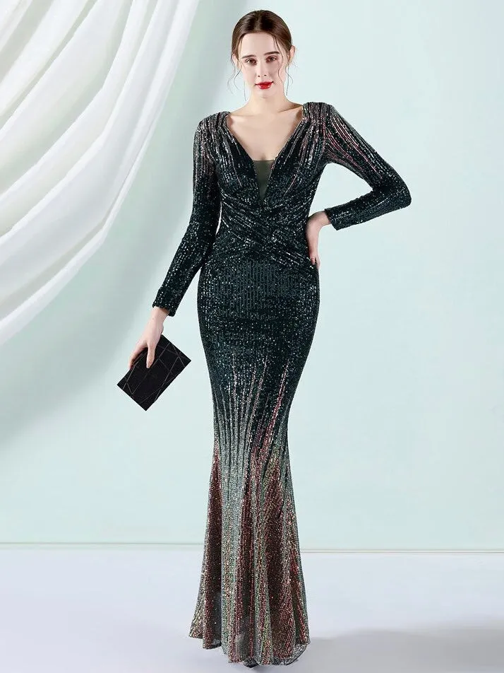 2023 New Elegant Sequin Evening Dress Long Mermaid Deep V Neck Formal Party Dress