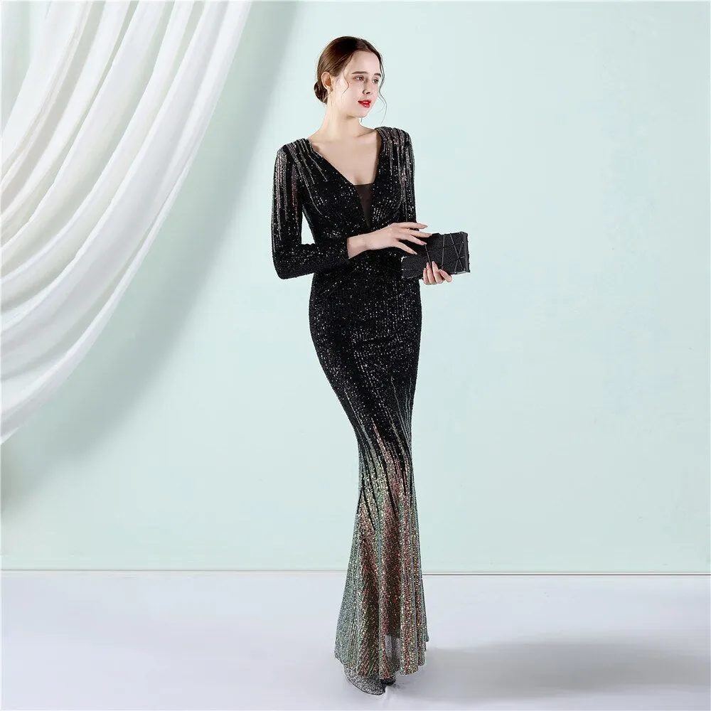 2023 New Elegant Sequin Evening Dress Long Mermaid Deep V Neck Formal Party Dress