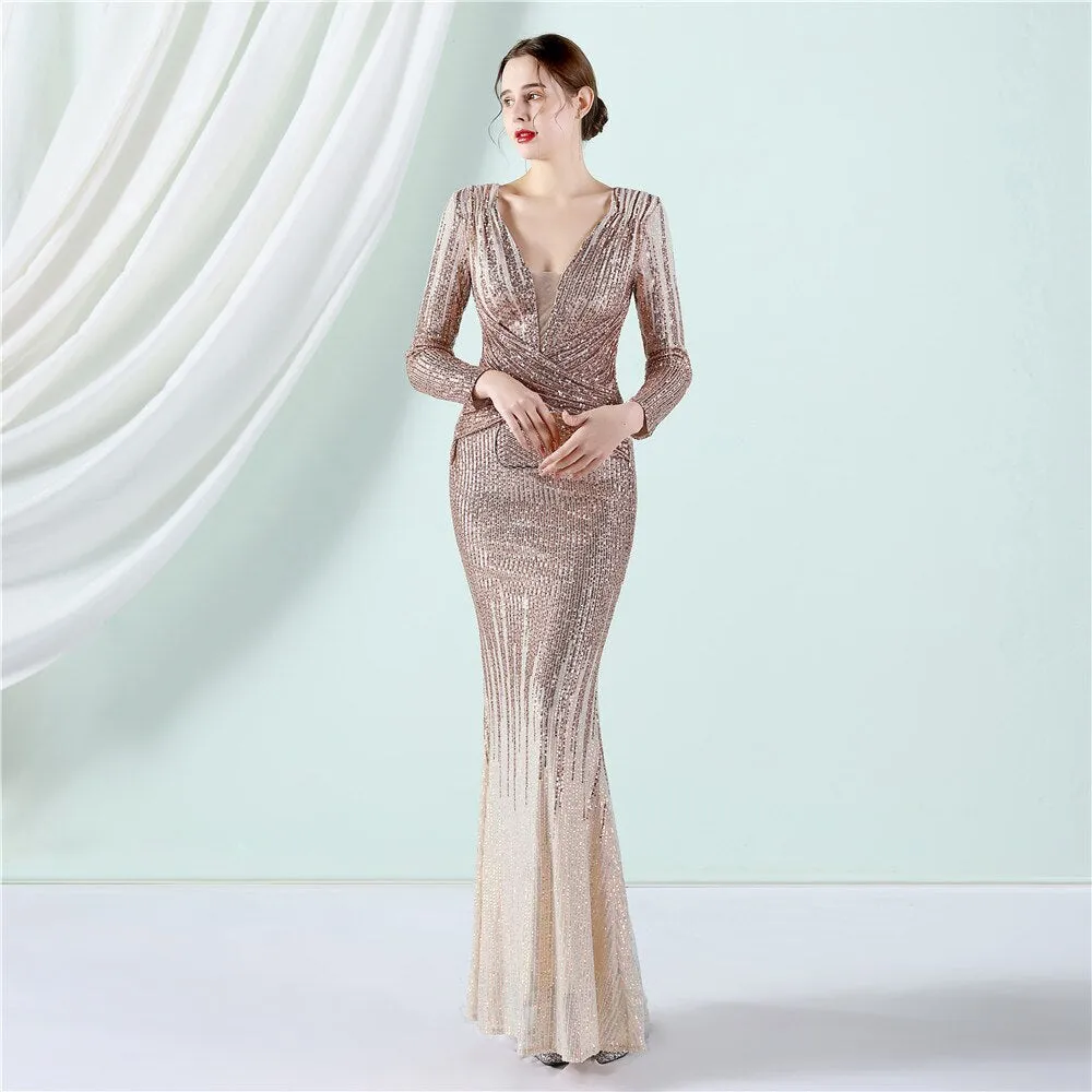 2023 New Elegant Sequin Evening Dress Long Mermaid Deep V Neck Formal Party Dress