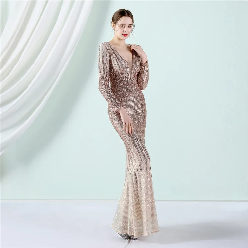 2023 New Elegant Sequin Evening Dress Long Mermaid Deep V Neck Formal Party Dress