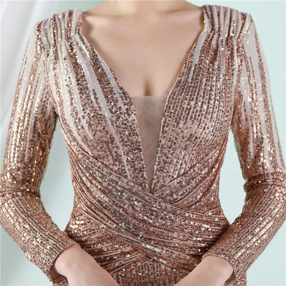 2023 New Elegant Sequin Evening Dress Long Mermaid Deep V Neck Formal Party Dress