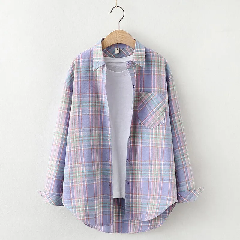 2023 Plaid Shirt Women Loose Plus Size Blouse Female Long Sleeve Blouses Cotton Flannel Casual Shirt Women Tops Blusas