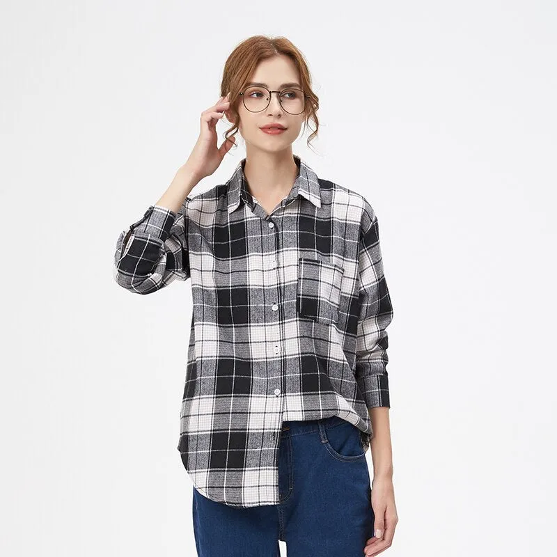 2023 Plaid Shirt Women Loose Plus Size Blouse Female Long Sleeve Blouses Cotton Flannel Casual Shirt Women Tops Blusas