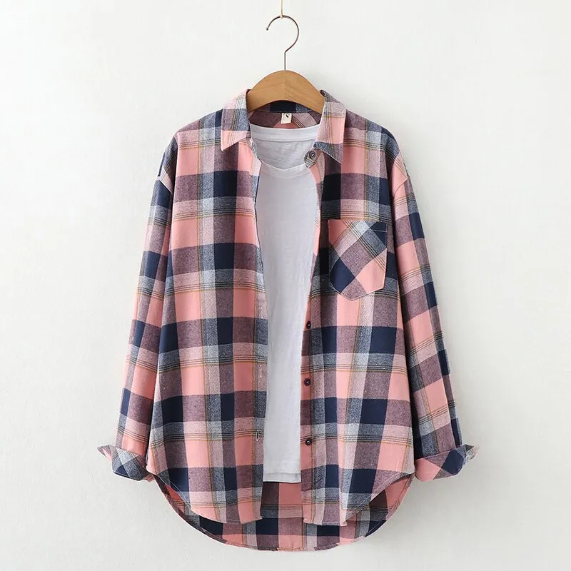 2023 Plaid Shirt Women Loose Plus Size Blouse Female Long Sleeve Blouses Cotton Flannel Casual Shirt Women Tops Blusas