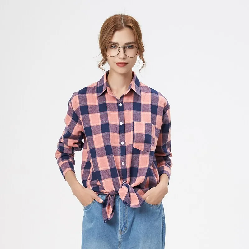 2023 Plaid Shirt Women Loose Plus Size Blouse Female Long Sleeve Blouses Cotton Flannel Casual Shirt Women Tops Blusas