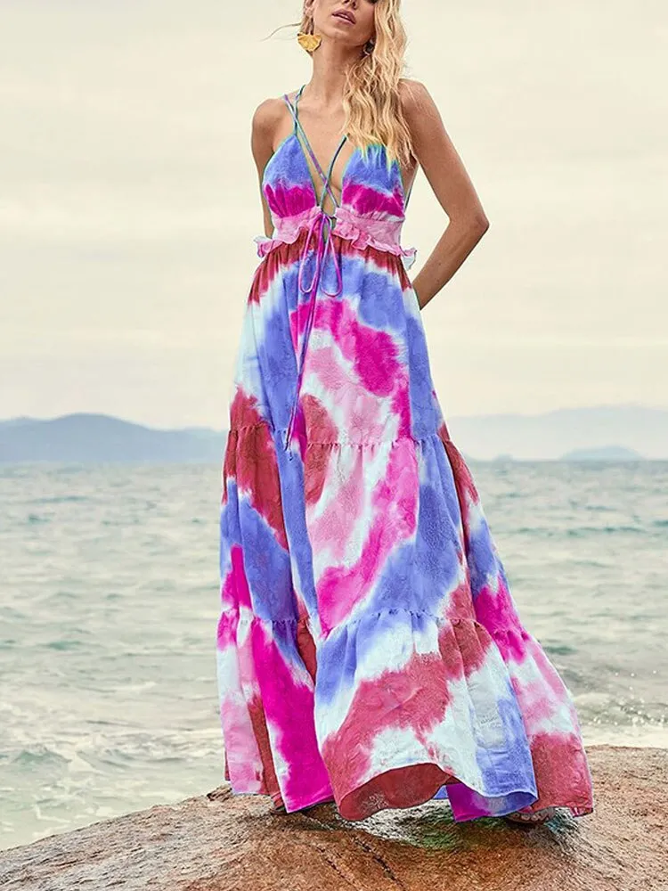 2023 Sexy Spaghetti StrapDress Summer Clothing Women Bohemian Tie Dye Gradient Backless Beach Wear Maxi Dress  Sundress