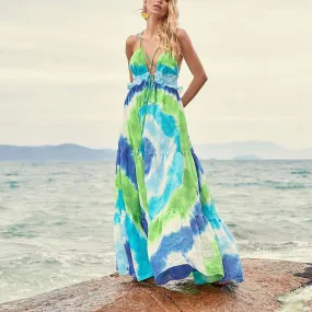 2023 Sexy Spaghetti StrapDress Summer Clothing Women Bohemian Tie Dye Gradient Backless Beach Wear Maxi Dress  Sundress