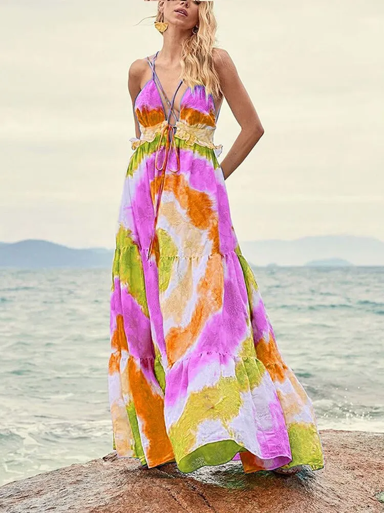 2023 Sexy Spaghetti StrapDress Summer Clothing Women Bohemian Tie Dye Gradient Backless Beach Wear Maxi Dress  Sundress