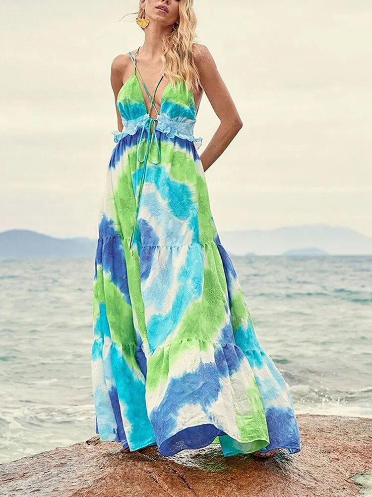 2023 Sexy Spaghetti StrapDress Summer Clothing Women Bohemian Tie Dye Gradient Backless Beach Wear Maxi Dress  Sundress