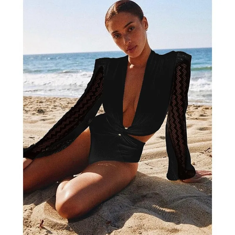 2023 Solid One Piece Swimsuit Women Swimwear Monokini Long Sleeve