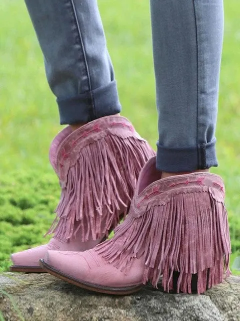 2023 Spring Autumn New Solid Ankle Boots Big Size 43 Fringe Square Heels Shoes