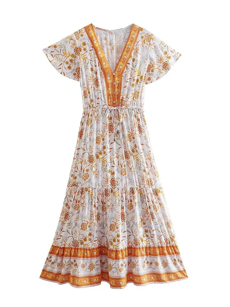 2023 Summer Boho Floral Printed Maxi Dress V Neck Sexy Ruffle Sleeve Vintage Vestidos  Hippie Beach Casual Women Dresses