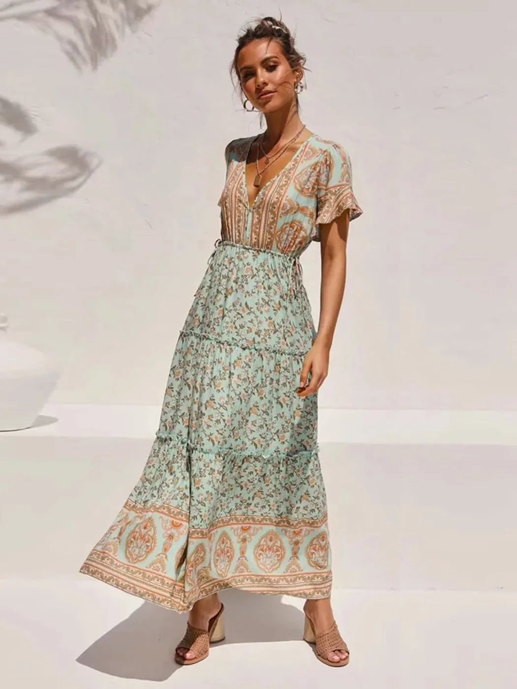 2023 Summer Boho Floral Printed Maxi Dress V Neck Sexy Ruffle Sleeve Vintage Vestidos  Hippie Beach Casual Women Dresses