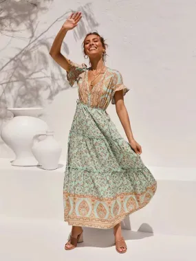 2023 Summer Boho Floral Printed Maxi Dress V Neck Sexy Ruffle Sleeve Vintage Vestidos  Hippie Beach Casual Women Dresses