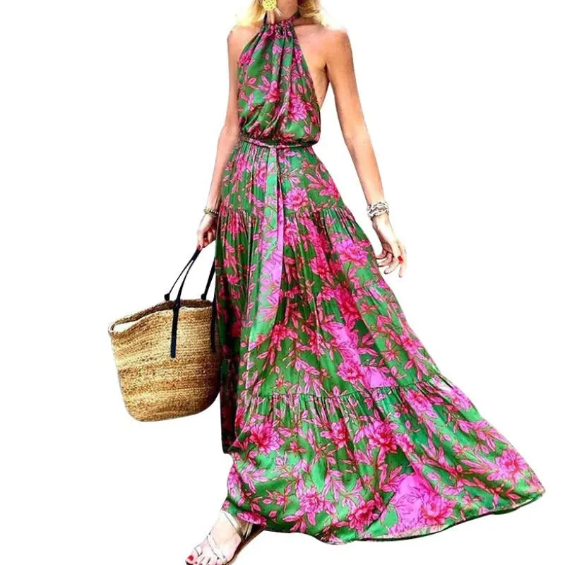 2023 summer new women's halter neck sexy backless beach boho print Maxi dress