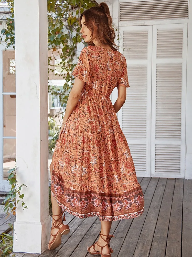 2023 Summer Short Sleeve Fashion Print V-neck Sexy Long Skirt Bohemian Dresses