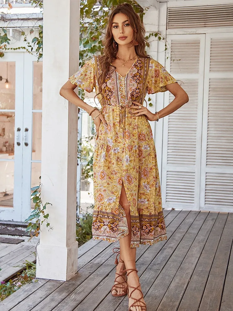 2023 Summer Short Sleeve Fashion Print V-neck Sexy Long Skirt Bohemian Dresses