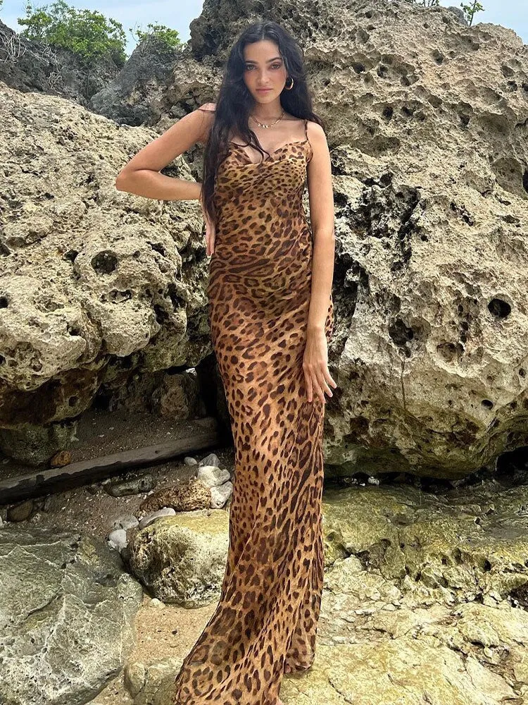 2023 vacation Sexy Spaghetti Strap Leopard Long Sundress Maxi Dress