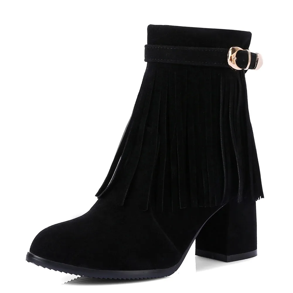 2023 Women 's Flock Tassel Fringes Western Cowboy Ankle Boots Slip On Frosted  Square Heels Cowgirl Women's Shoes