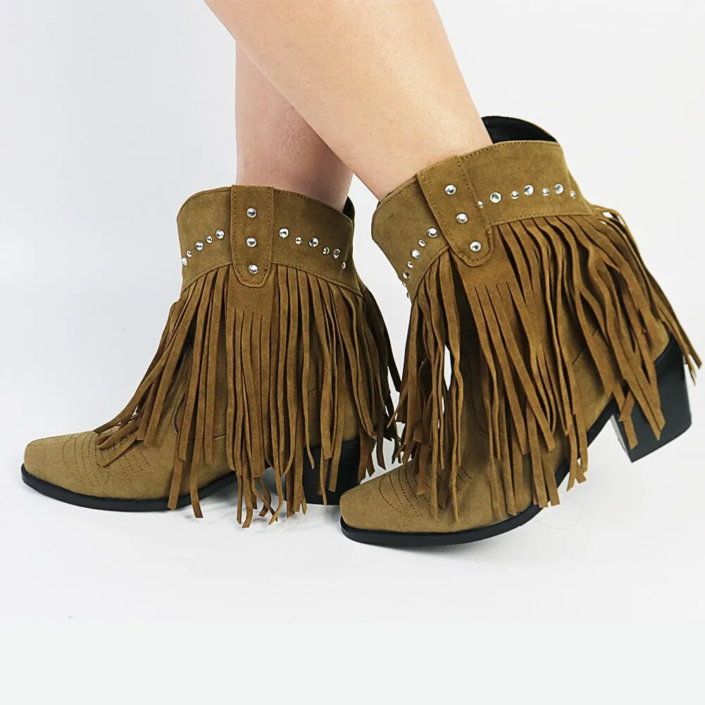 2023 Women 's Flock Tassel Fringes Western Cowboy Ankle Boots Slip On Frosted  Square Heels Cowgirl Women's Shoes