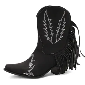 2023 Women 's Flock Tassel Fringes Western Cowboy Ankle Boots Slip On Frosted  Square Heels Cowgirl Women's Shoes