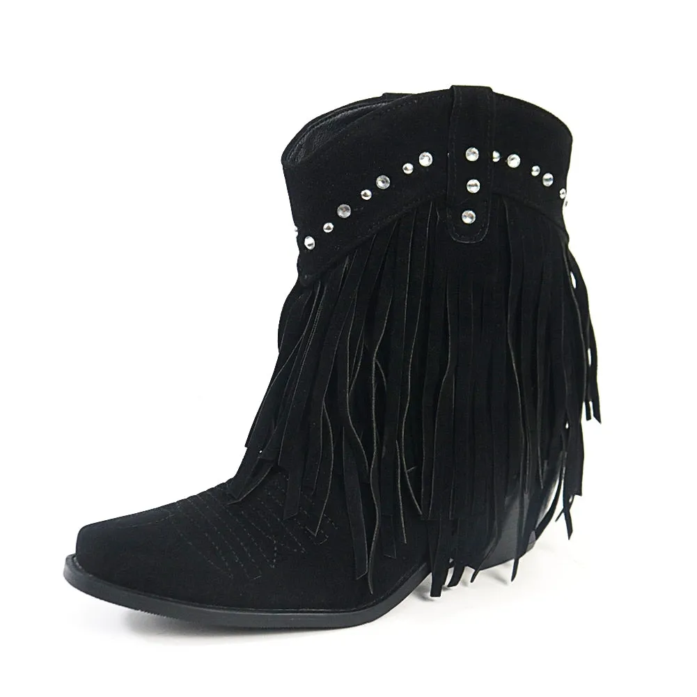 2023 Women 's Flock Tassel Fringes Western Cowboy Ankle Boots Slip On Frosted  Square Heels Cowgirl Women's Shoes